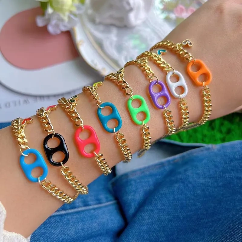 Pig Nose Soda Cap Twin Hole Trendy Colourful Romance Love Heart Enamel Charm Bracelet, Cuban Figaro Chain 18K Gold Plated Bangle