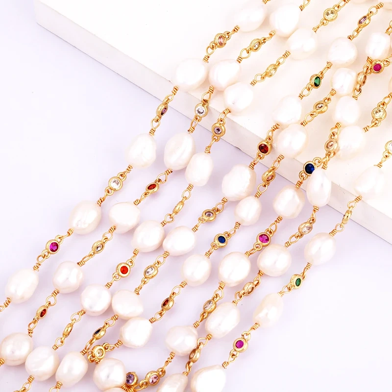 Fresh Water Pearl CZ Chain, Plated with real gold,not easy to tarnish, 1 Meter Long , Jewlery Handy Craft Making Finding Supply