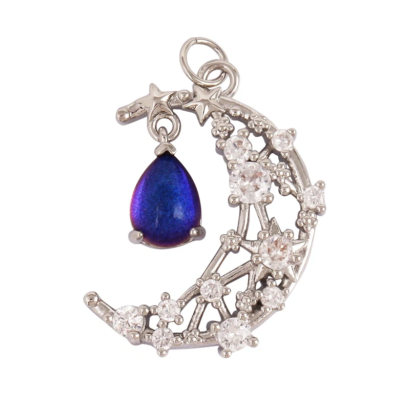 Celestial Star Moon Charm Pendant CZ Paved , 18K Real White Rose Gold Plated, Jewelry Necklace Bracelet Hand Making Supplies L22