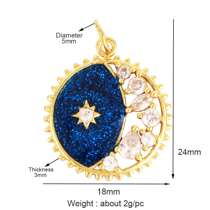 Celestial Star Moon Charm Pendant CZ Paved , 18K Real White Rose Gold Plated, Jewelry Necklace Bracelet Hand Making Supplies L22