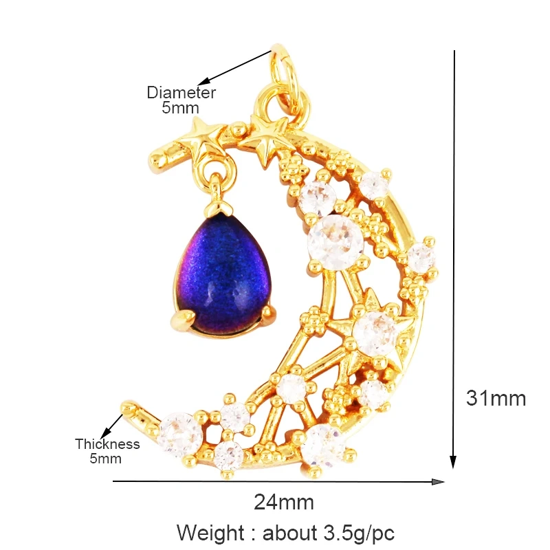 Celestial Star Moon Charm Pendant CZ Paved , 18K Real White Rose Gold Plated, Jewelry Necklace Bracelet Hand Making Supplies L22
