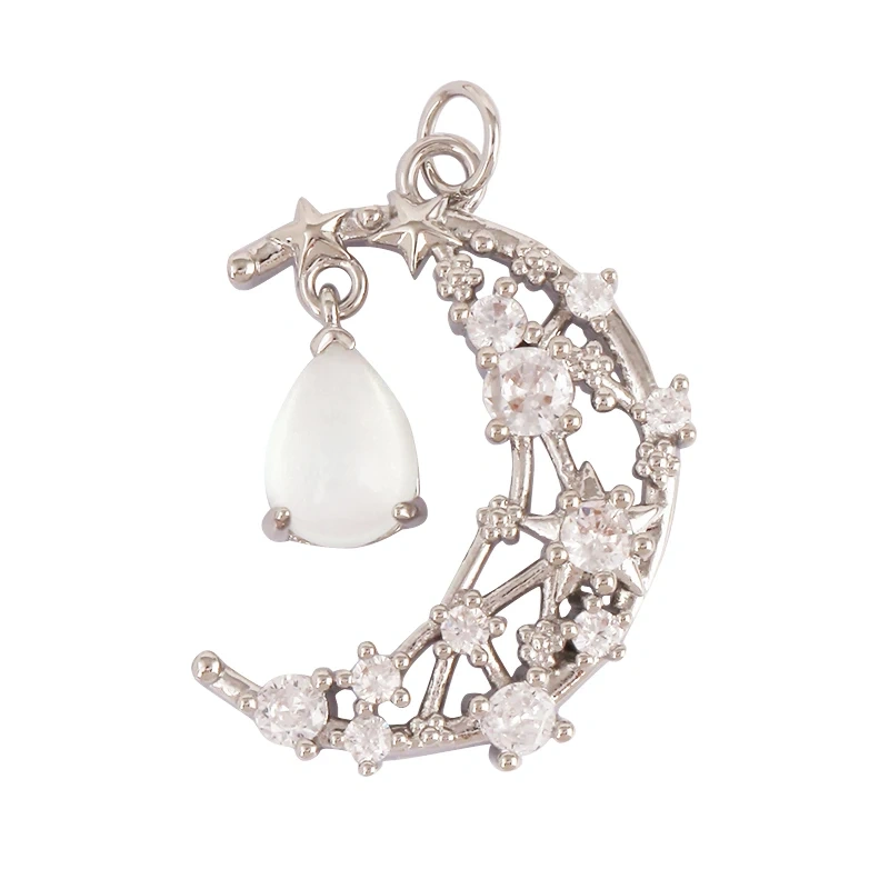 Celestial Star Moon Charm Pendant CZ Paved , 18K Real White Rose Gold Plated, Jewelry Necklace Bracelet Hand Making Supplies L22