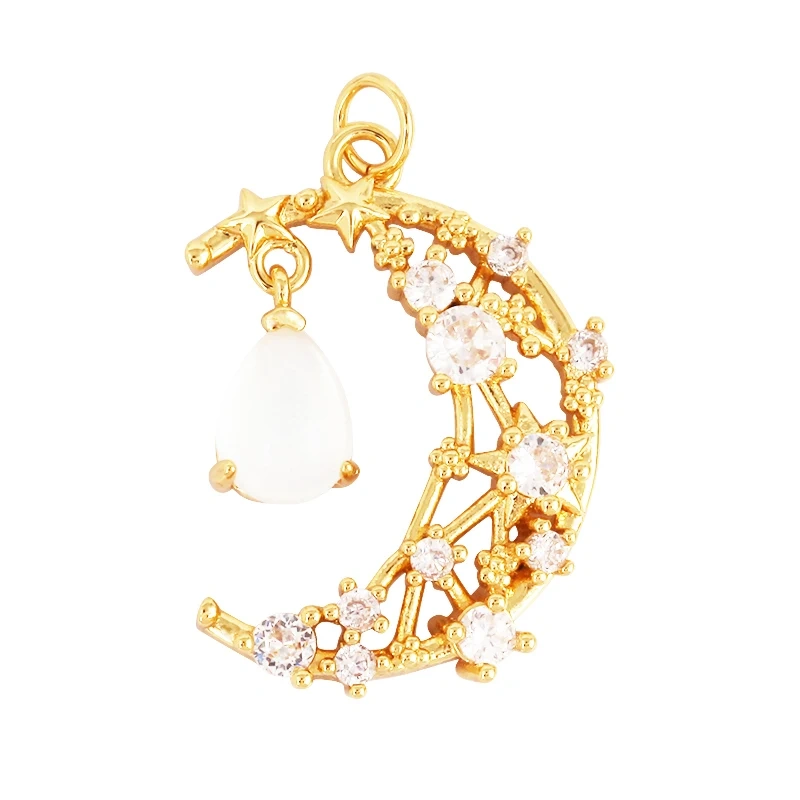 Celestial Star Moon Charm Pendant CZ Paved , 18K Real White Rose Gold Plated, Jewelry Necklace Bracelet Hand Making Supplies L22