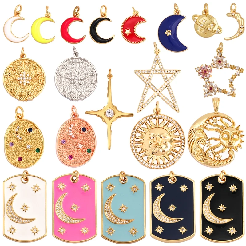 Trendy Popular Star Moon Sun Planet Earth Charm Pendant,18K Gold Plated Zircon Necklace Bracelet For Handmade Jewelry Supply L42