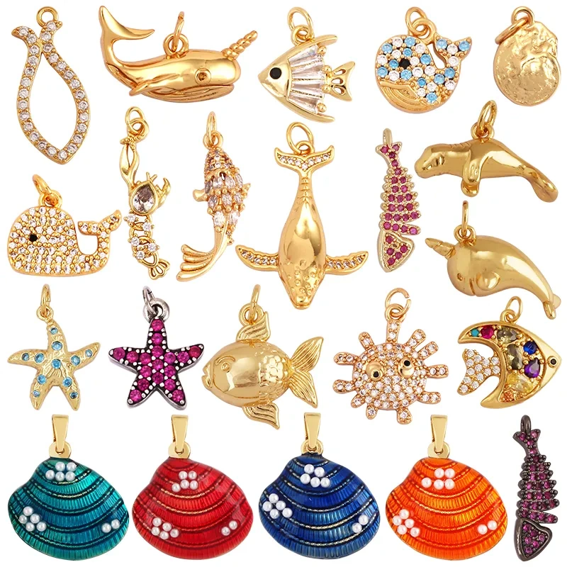 Blue Ocean Shell Animal Dolphin Tropical Fish Bone Seastar Shrimp Charm Pendant,18K Gold Plated Zircon Jewelry Findings L34