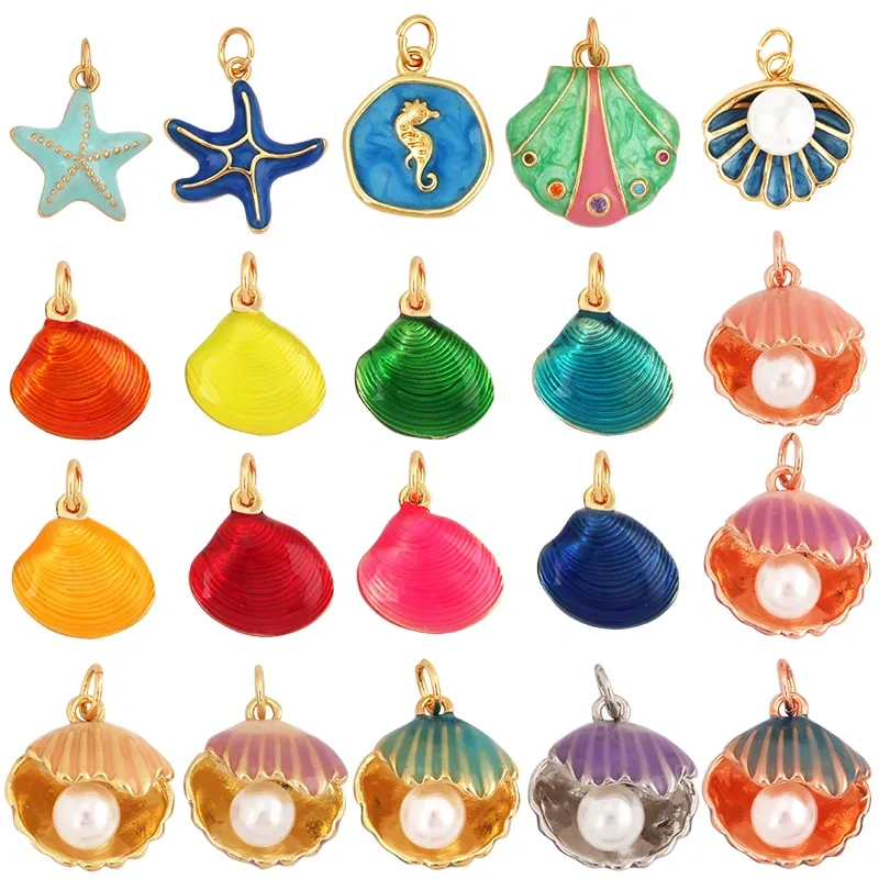 New Multicolor Enamel Pearl Scallop Starfish Seahorse Charm Necklace Pendant,Summer Beach Holiday Jewelry Components Supply L34