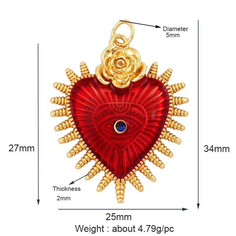 Acred Sacred Red Heart Charm Mexico Victorian Love Zircon Pendant,Christian 18K Real Gold Plated for Jewelry Making Supplies L26