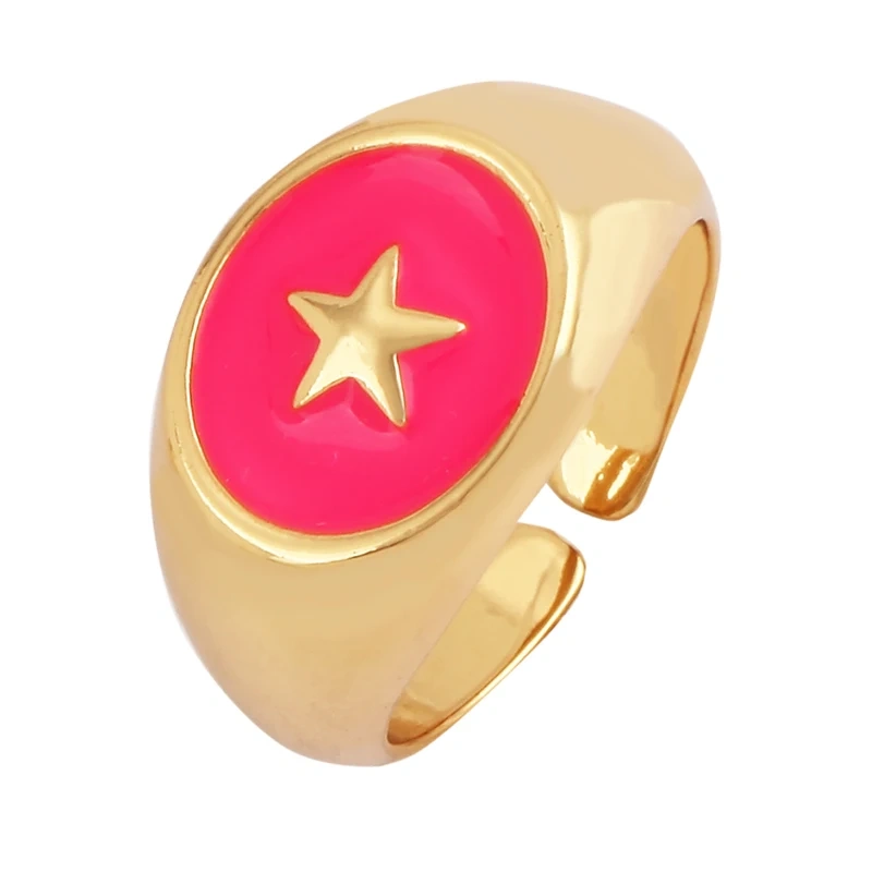 Trendy Star Moon 18K Gold Plated Finger Ring,Colourful Enamel Coated Zircon Open Adjustable Rings Jewelry Findings Supplies P34