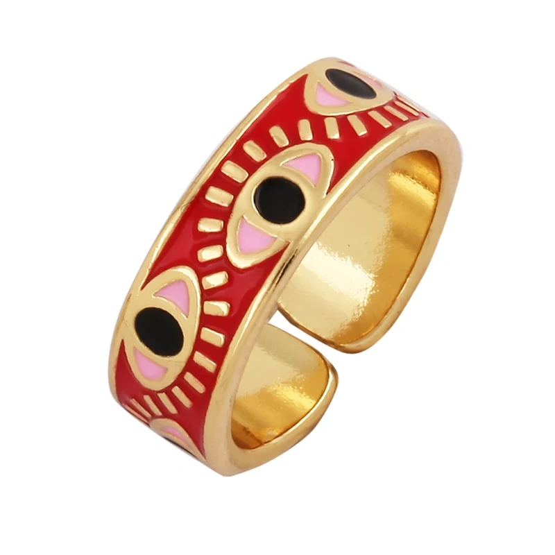 New Colorful Enamel Coated Zircon Finger Ring,Unique Eye Brass 18K Gold Plated Open Adjustable Rings Jewelry Findings Supply P34
