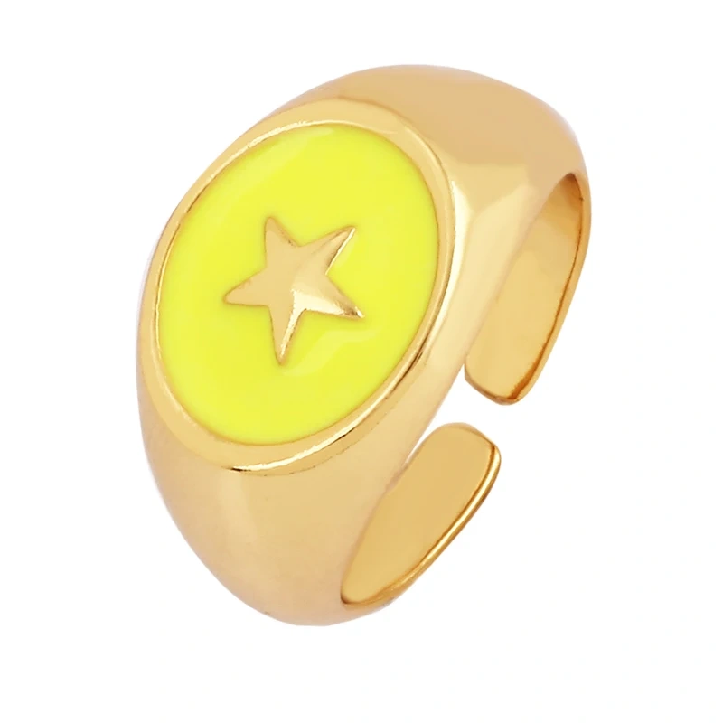 Trendy Star Moon 18K Gold Plated Finger Ring,Colourful Enamel Coated Zircon Open Adjustable Rings Jewelry Findings Supplies P34