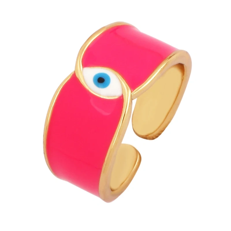 New Colorful Enamel Coated Zircon Finger Ring,Unique Eye Brass 18K Gold Plated Open Adjustable Rings Jewelry Findings Supply P34