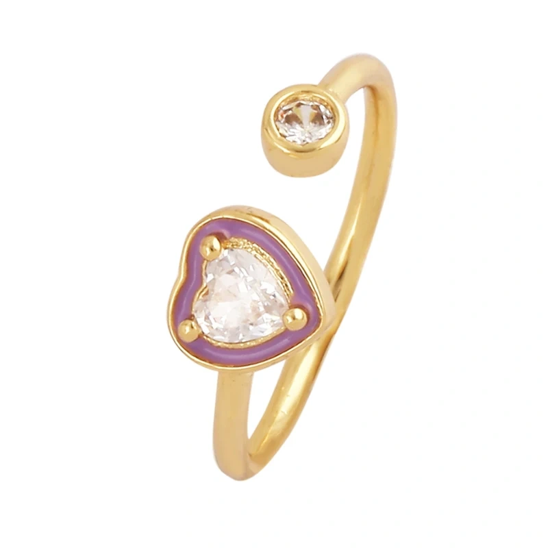 Love Heart Shape 18K Gold Plated Finger Ring,Colourful Enamel Coated Zircon Open Adjustable Rings Jewelry Findings Supplies P34