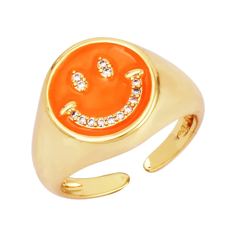 Happy Face  Enamel Finger Ring, Neon Pink Orange Blue Pendant Oil Dropped, Sweet Romantic Party Jewelry Wholesale