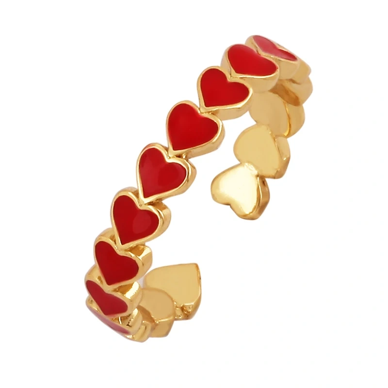 Love Heart Shape 18K Gold Plated Finger Ring,Colourful Enamel Coated Zircon Open Adjustable Rings Jewelry Findings Supplies P34