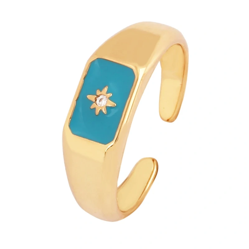Trendy Star Moon 18K Gold Plated Finger Ring,Colourful Enamel Coated Zircon Open Adjustable Rings Jewelry Findings Supplies P34