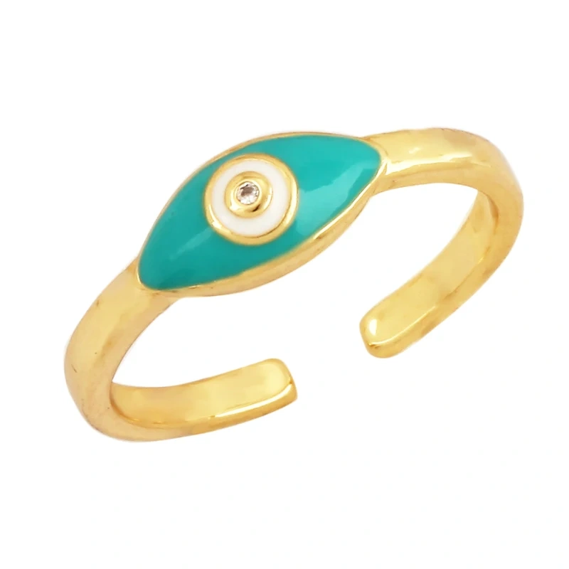 New Colorful Enamel Coated Zircon Finger Ring,Unique Eye Brass 18K Gold Plated Open Adjustable Rings Jewelry Findings Supply P34