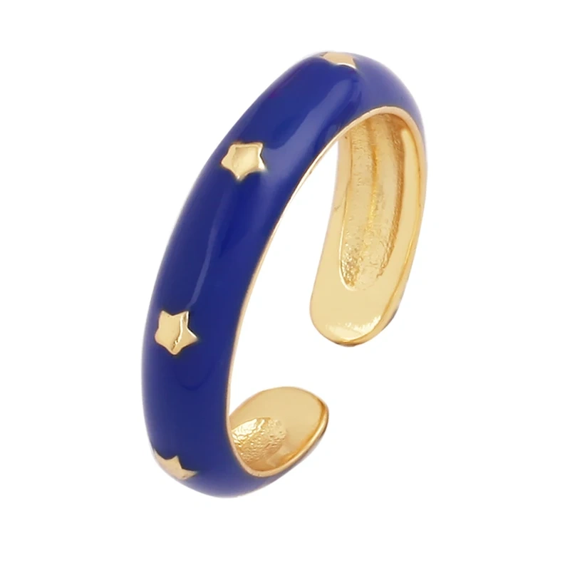 Trendy Star Moon 18K Gold Plated Finger Ring,Colourful Enamel Coated Zircon Open Adjustable Rings Jewelry Findings Supplies P34