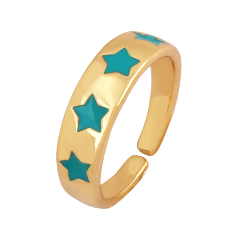 Trendy Star Moon 18K Gold Plated Finger Ring,Colourful Enamel Coated Zircon Open Adjustable Rings Jewelry Findings Supplies P34