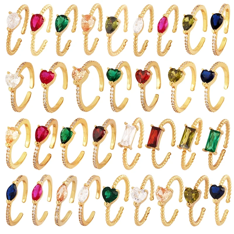 Love Heart Water Drop Brass 18K Gold Plated Finger Ring,Fashion Colorful Zircon Open Adjustable Rings Charm Jewelry Findings P03