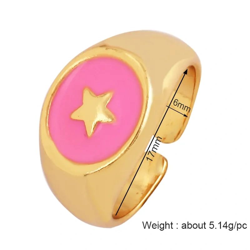 Trendy Star Moon 18K Gold Plated Finger Ring,Colourful Enamel Coated Zircon Open Adjustable Rings Jewelry Findings Supplies P34
