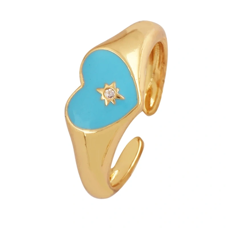 Love Heart Shape 18K Gold Plated Finger Ring,Colourful Enamel Coated Zircon Open Adjustable Rings Jewelry Findings Supplies P34