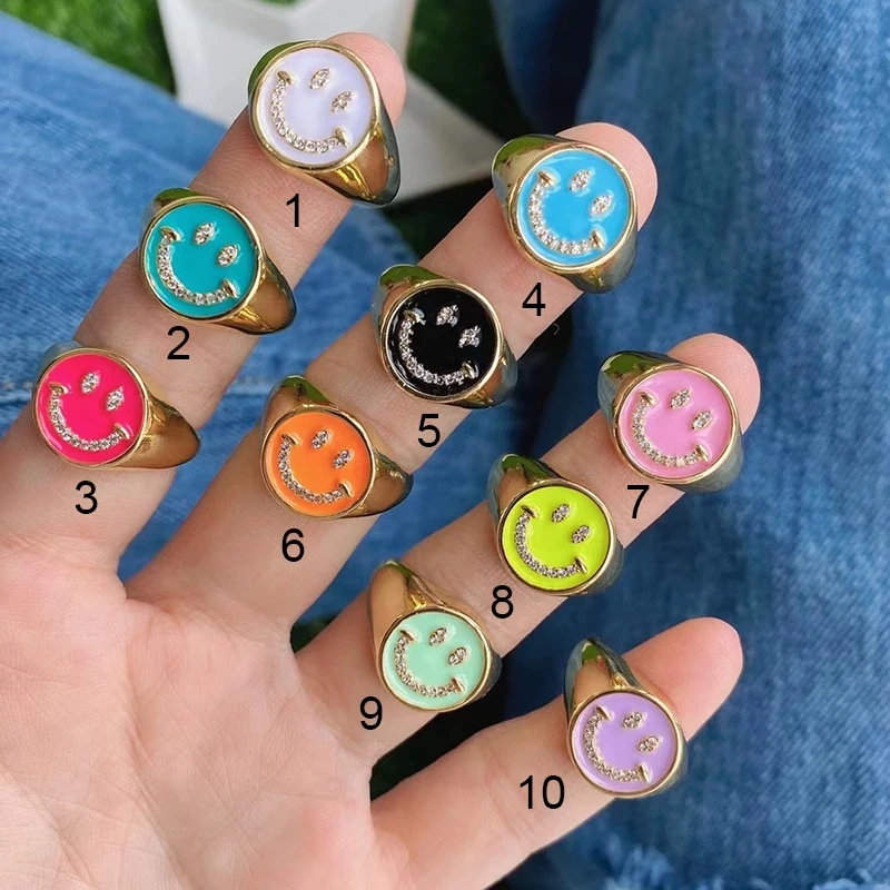 Happy Face  Enamel Finger Ring, Neon Pink Orange Blue Pendant Oil Dropped, Sweet Romantic Party Jewelry Wholesale