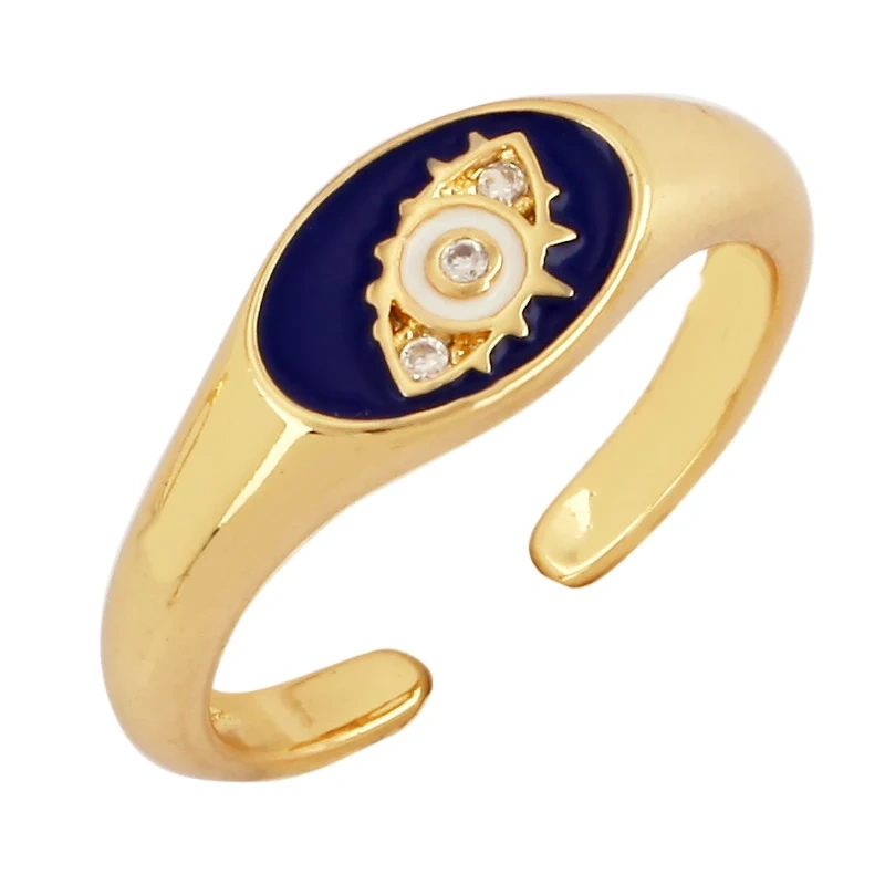 New Colorful Enamel Coated Zircon Finger Ring,Unique Eye Brass 18K Gold Plated Open Adjustable Rings Jewelry Findings Supply P34