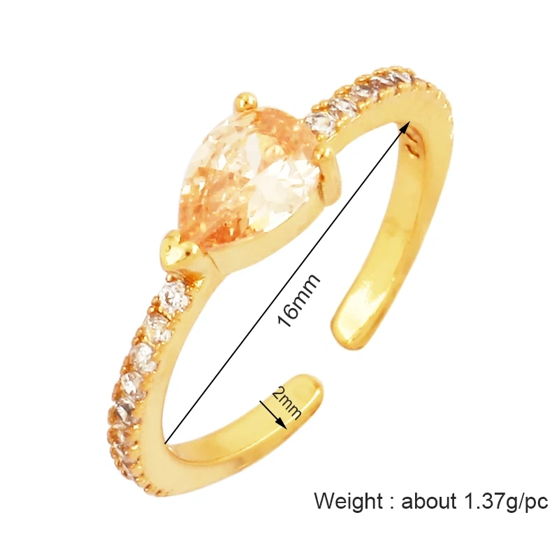 Love Heart Water Drop Brass 18K Gold Plated Finger Ring,Fashion Colorful Zircon Open Adjustable Rings Charm Jewelry Findings P03