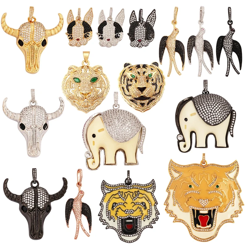 Swallow Tiger Leopard 3D Buffalo Cow Bull Head Elephant Animal Charm Pendant,18K Gold Plated Zircon Necklace Jewelry Supply