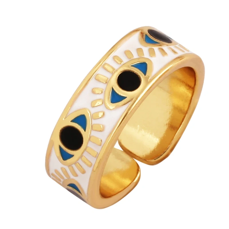 New Colorful Enamel Coated Zircon Finger Ring,Unique Eye Brass 18K Gold Plated Open Adjustable Rings Jewelry Findings Supply P34