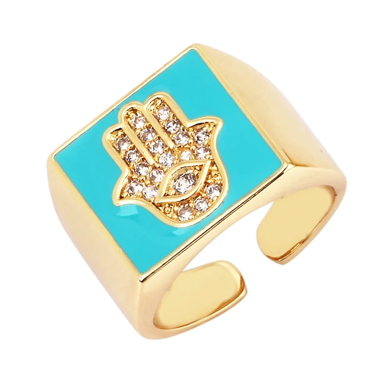 Trendy Colourful Enamel Coated Zircon Finger Ring,Eye Hand Heart Star Pattern Gold Plated Rings Jewelry Findings Supplies P32