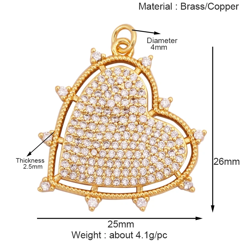 Trendy Colourful Zircon Love Heart Charm Pendant,18K Gold Plated Necklace Bracelet DIY Handmade Jewelry Making Supplies K57
