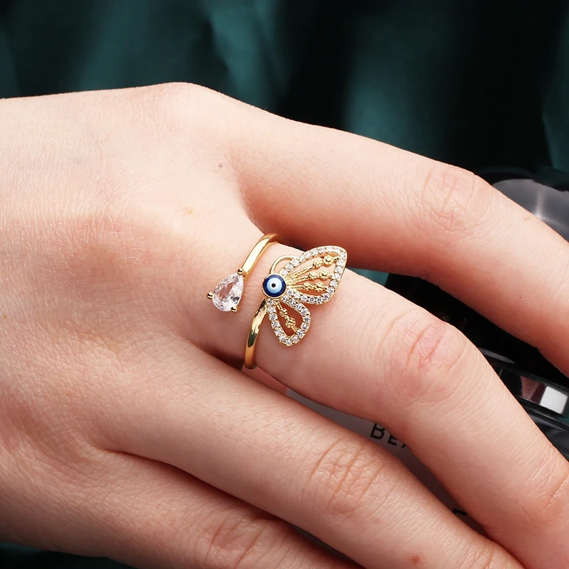 Luxurious Full Pave CZ Gem Style Finger Ring, Flower Butterfly Minimalist Blue Green Summer Beach Party Jewelry Wholesale P03