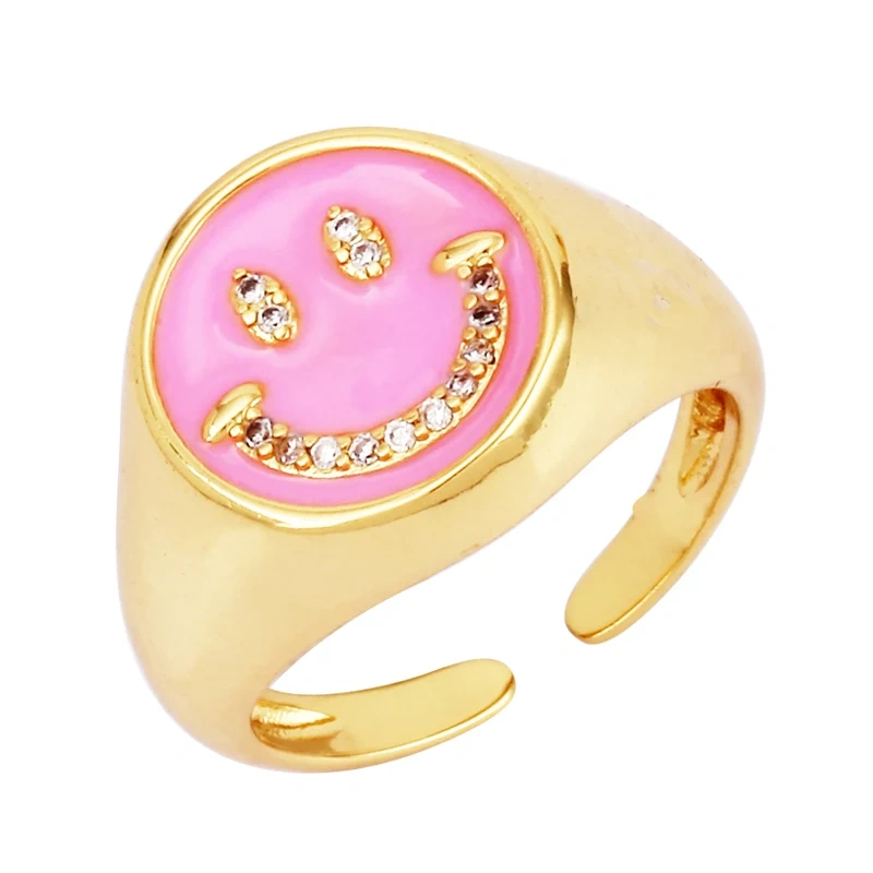 Happy Face  Enamel Finger Ring, Neon Pink Orange Blue Pendant Oil Dropped, Sweet Romantic Party Jewelry Wholesale