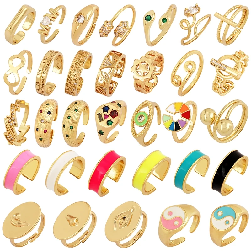 Trendy Mashup Style Punk Eye Colorful Finger Ring,18K Gold Plated Zircon Open Adjustable Rings Charm Jewelry Findings Supply P30