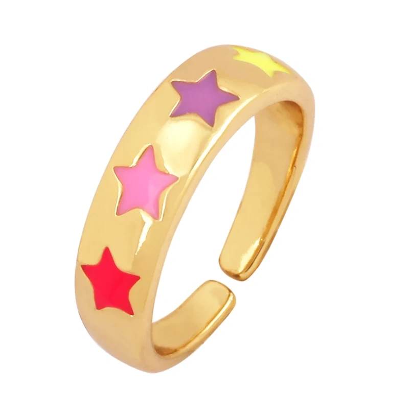 Trendy Star Moon 18K Gold Plated Finger Ring,Colourful Enamel Coated Zircon Open Adjustable Rings Jewelry Findings Supplies P34