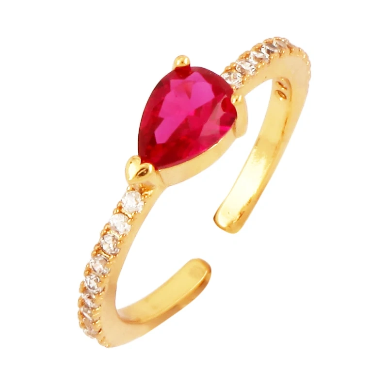 Love Heart Water Drop Brass 18K Gold Plated Finger Ring,Fashion Colorful Zircon Open Adjustable Rings Charm Jewelry Findings P03