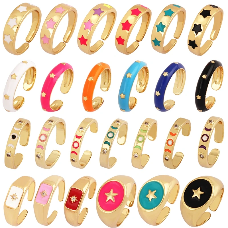 Trendy Star Moon 18K Gold Plated Finger Ring,Colourful Enamel Coated Zircon Open Adjustable Rings Jewelry Findings Supplies P34