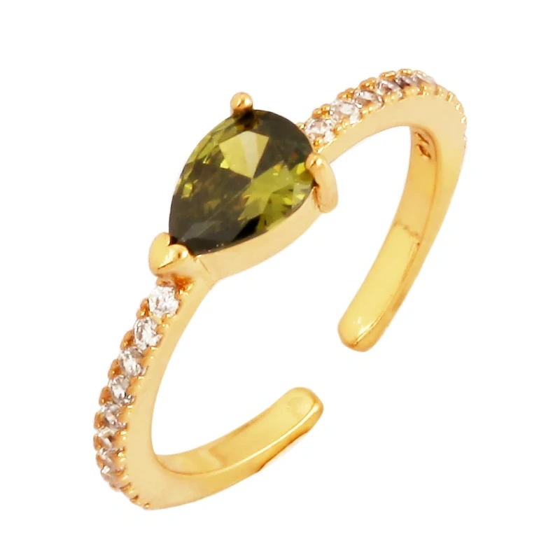 Love Heart Water Drop Brass 18K Gold Plated Finger Ring,Fashion Colorful Zircon Open Adjustable Rings Charm Jewelry Findings P03
