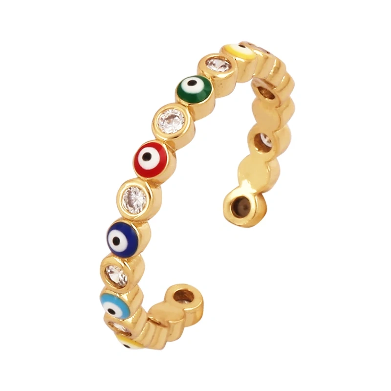 New Colorful Enamel Coated Zircon Finger Ring,Unique Eye Brass 18K Gold Plated Open Adjustable Rings Jewelry Findings Supply P34