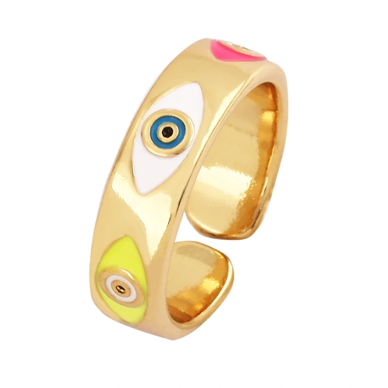 New Colorful Enamel Coated Zircon Finger Ring,Unique Eye Brass 18K Gold Plated Open Adjustable Rings Jewelry Findings Supply P34