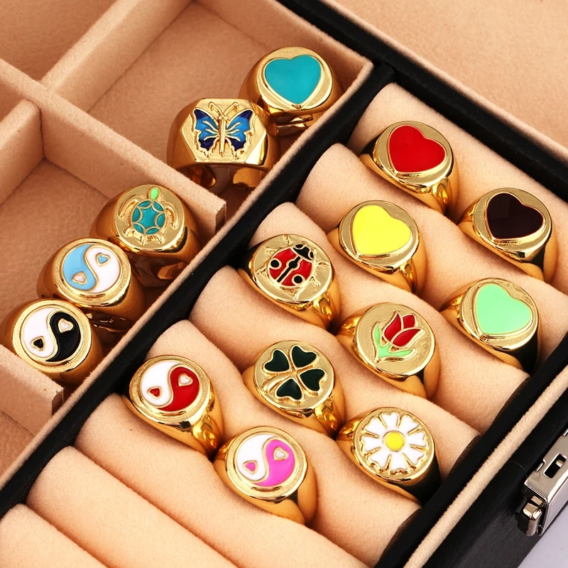 Daisy Flower Ladybug Butterfly Heart Taiji Clover Finger Ring Antique Grandma's Women's Adjustable Ring Girl Party Jewelry