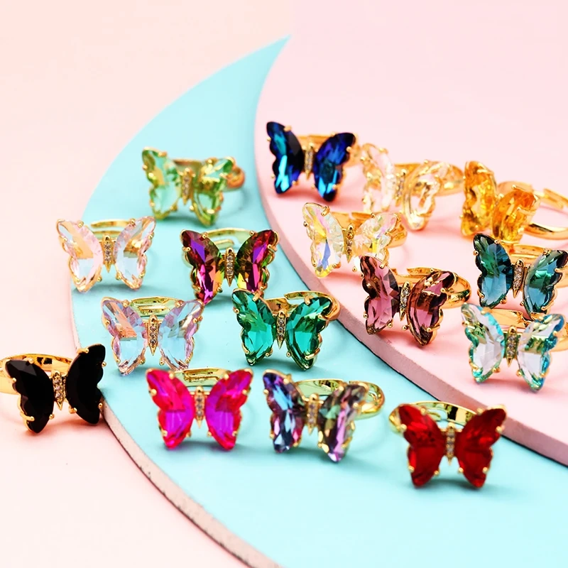 Butterfly Finger Ring Mariposa Fashion Romantic Sweet Colorful Transparent Crystal Women's Adjustable Ring Girl Party Jewelry