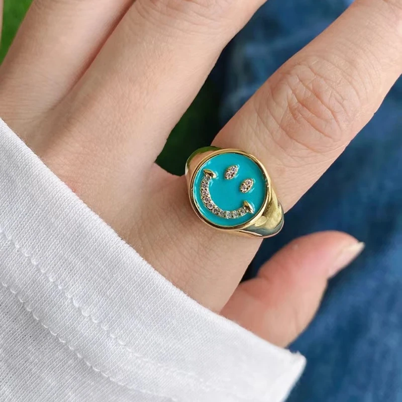 Happy Face  Enamel Finger Ring, Neon Pink Orange Blue Pendant Oil Dropped, Sweet Romantic Party Jewelry Wholesale