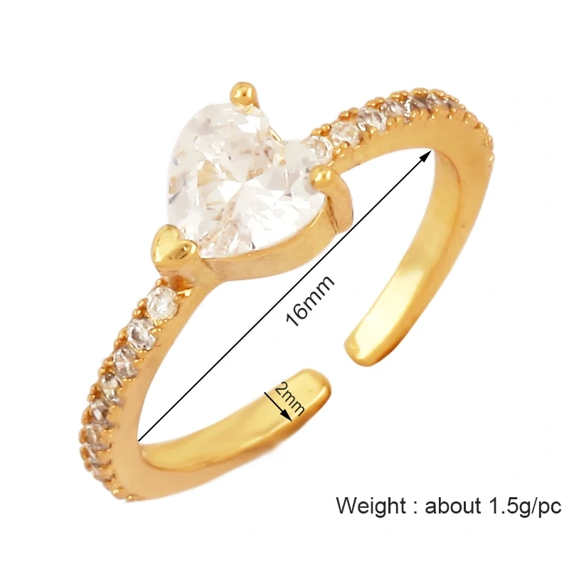 Love Heart Water Drop Brass 18K Gold Plated Finger Ring,Fashion Colorful Zircon Open Adjustable Rings Charm Jewelry Findings P03