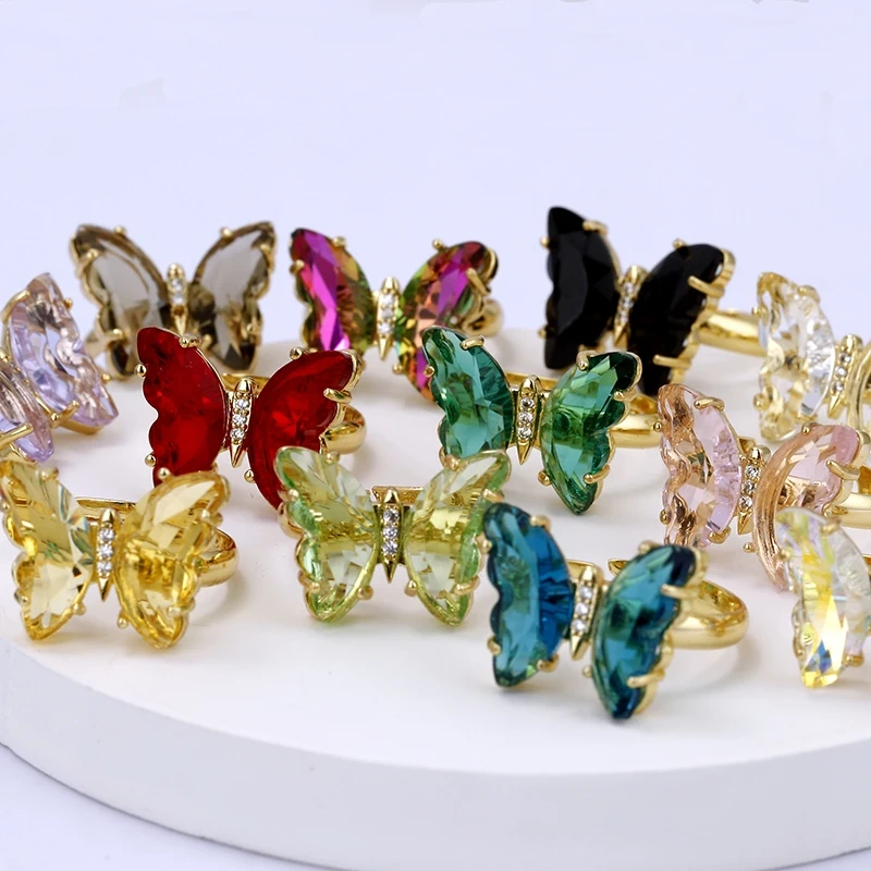 Butterfly Finger Ring Mariposa Fashion Romantic Sweet Colorful Transparent Crystal Women's Adjustable Ring Girl Party Jewelry
