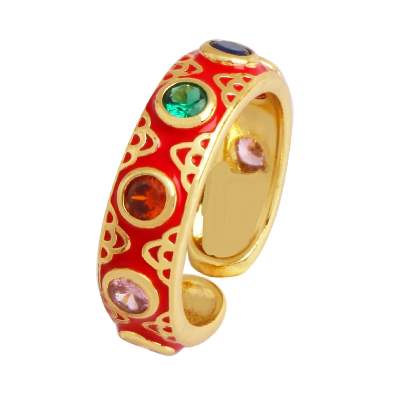 New Colorful Enamel Coated Zircon Finger Ring,Unique Eye Brass 18K Gold Plated Open Adjustable Rings Jewelry Findings Supply P34