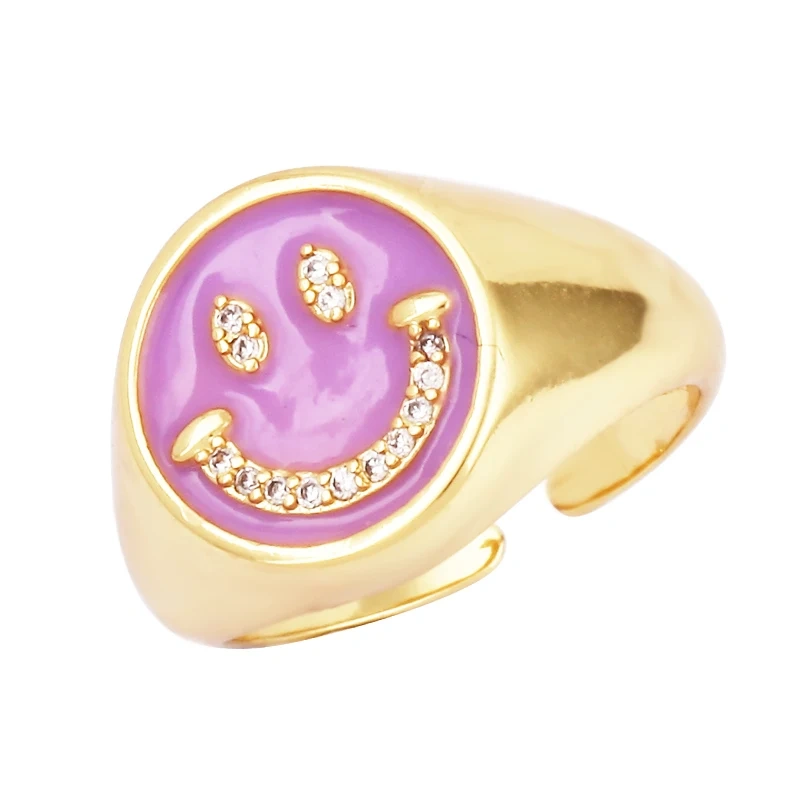 Happy Face  Enamel Finger Ring, Neon Pink Orange Blue Pendant Oil Dropped, Sweet Romantic Party Jewelry Wholesale