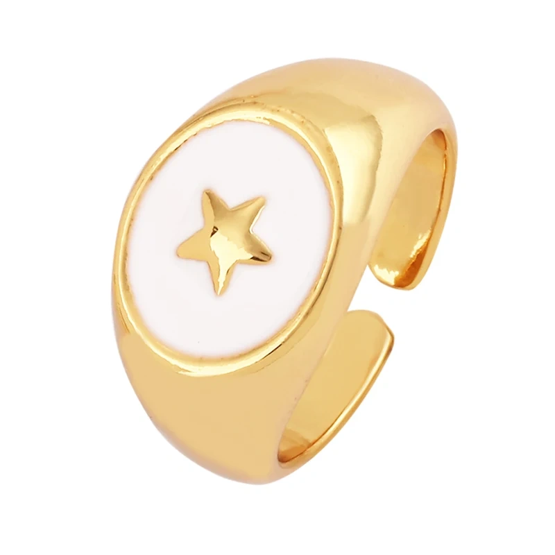 Trendy Star Moon 18K Gold Plated Finger Ring,Colourful Enamel Coated Zircon Open Adjustable Rings Jewelry Findings Supplies P34