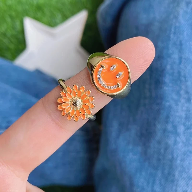 Happy Face  Enamel Finger Ring, Neon Pink Orange Blue Pendant Oil Dropped, Sweet Romantic Party Jewelry Wholesale